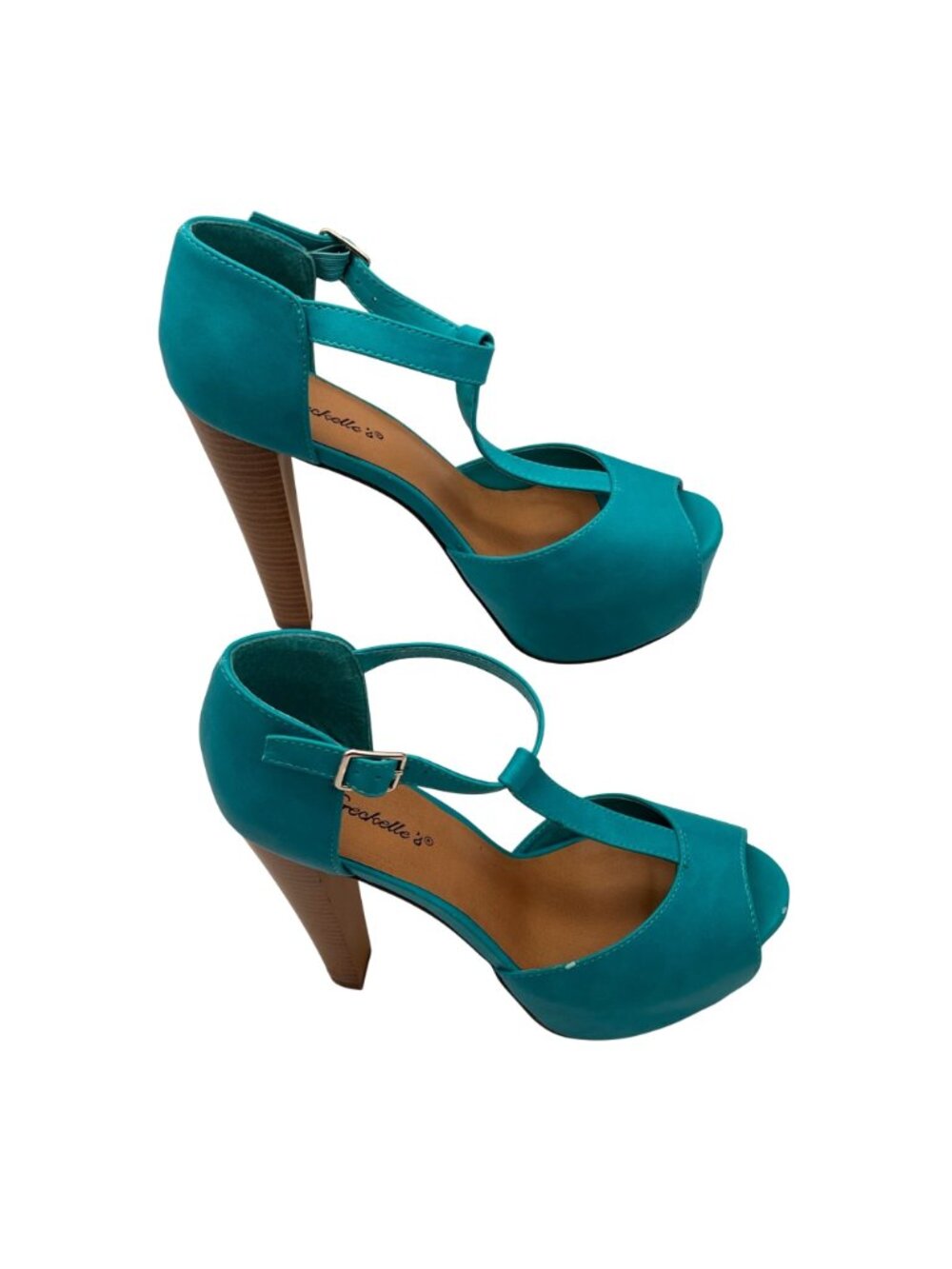Breckelles Brina 21 Turquoise Platform Peep Toe Heels Womens Size 9 Buckle Strap - Picture 2 of 16